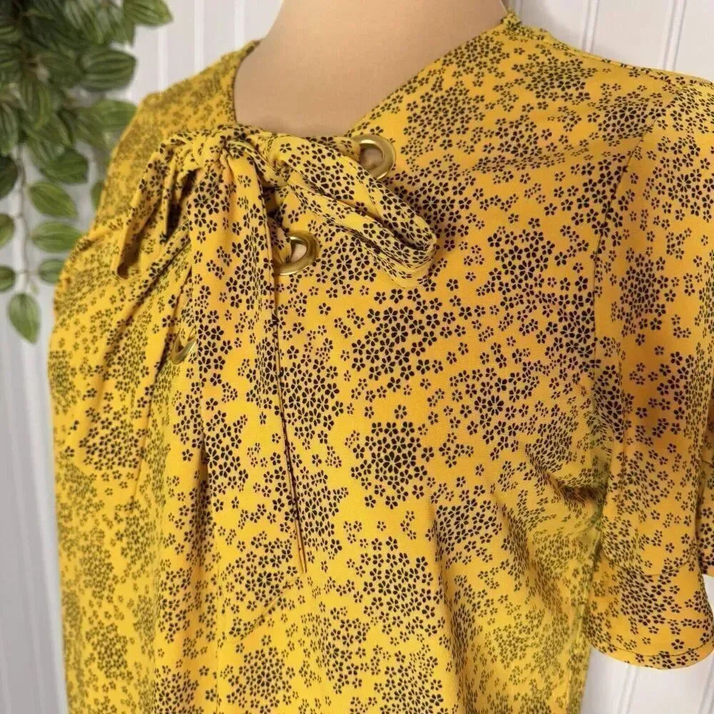 Michael Kors Sz M Floral Tie Flare Sleeve Popover Tunic Blouse Shirt Gold HW